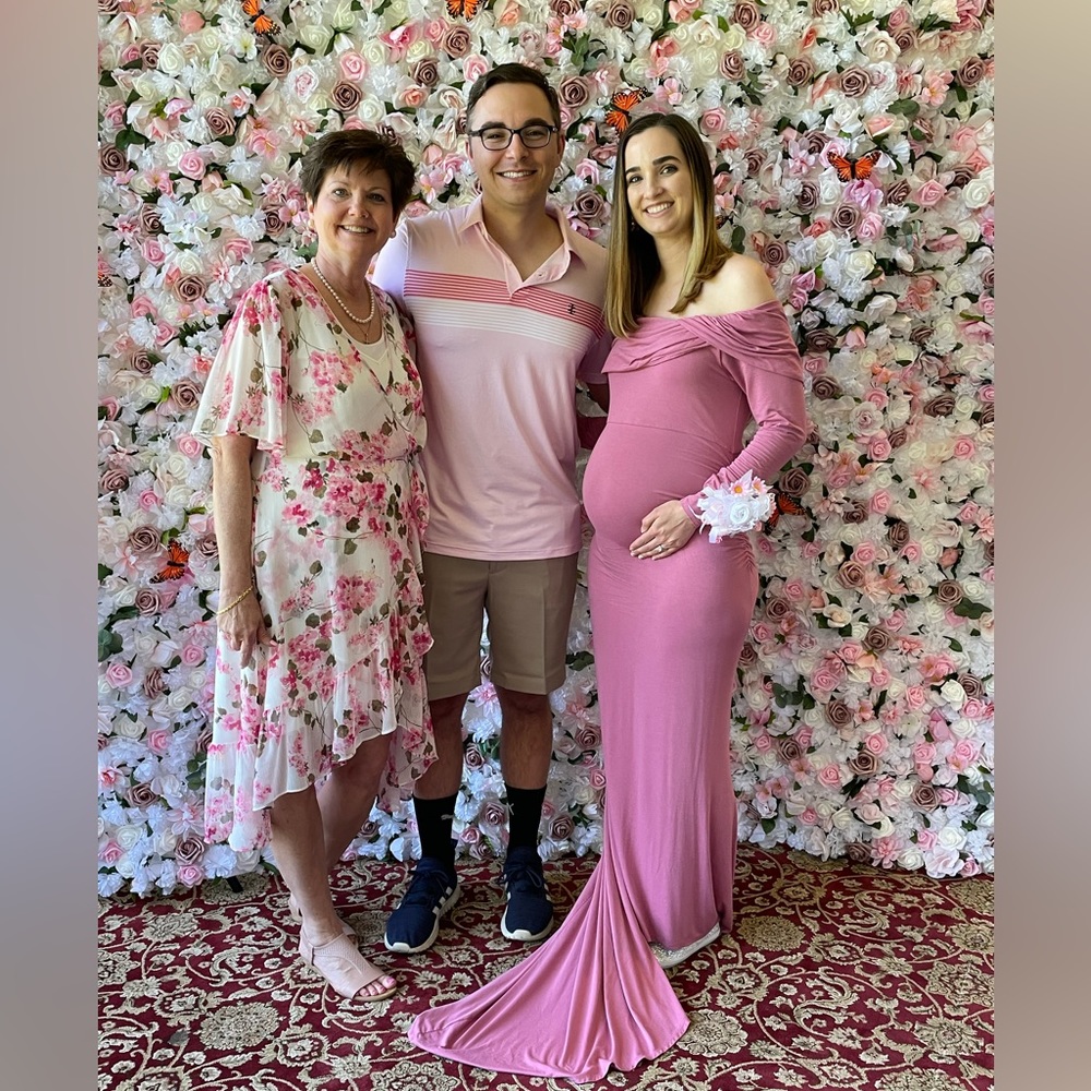 Motherhood Maternity Off-The-Shoulder Pink Maternity Dress Photoshoot Gown